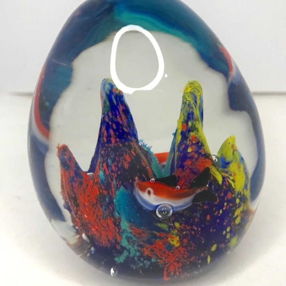 Murano Art Glass Paperweight multi-color Coral Reef Ocean Life Fish Cylinder